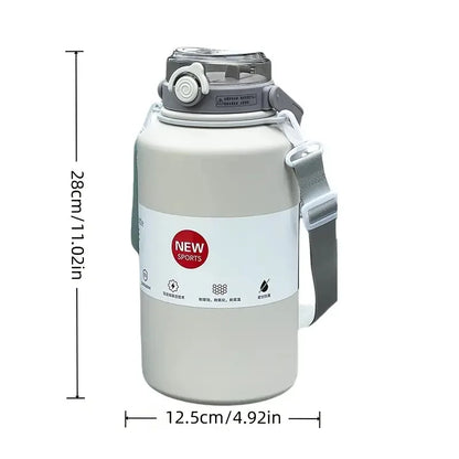 White water bottle with gray lid and handle, featuring 'New Sports' label, on white background with measurements.