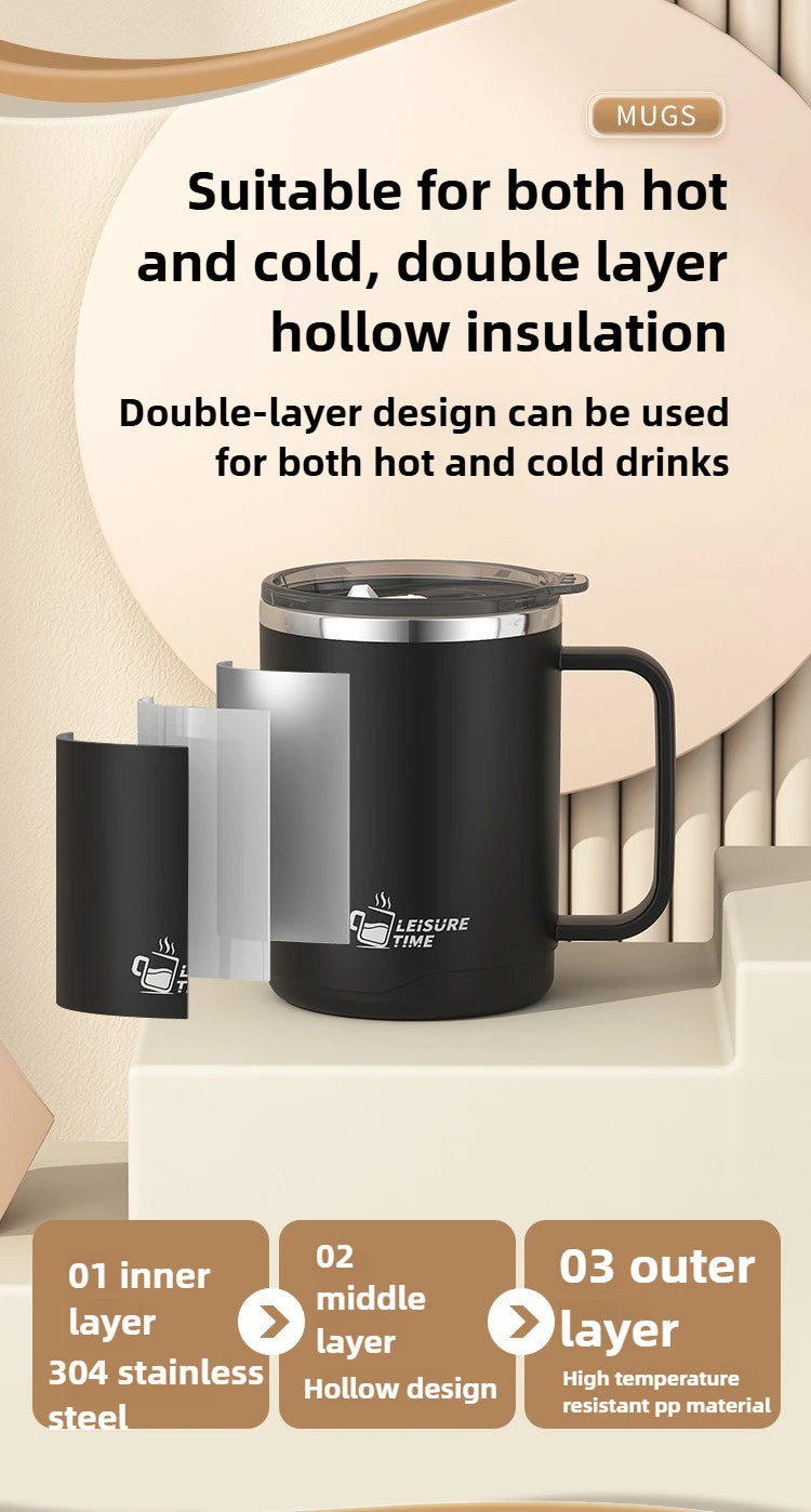 Black insulated mug with text explaining its features on a beige background