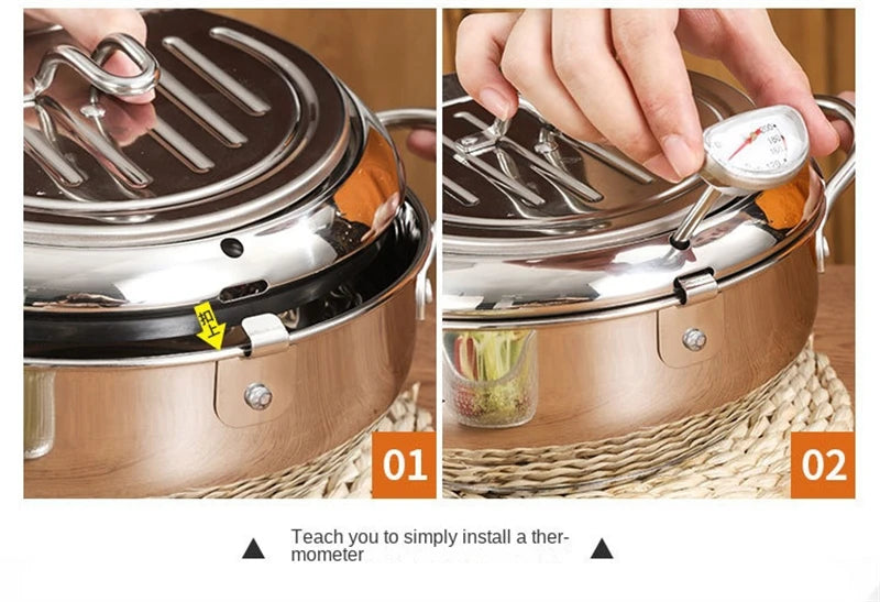 Japanese Deep Frying Pot with Thermometer Stainless Steel Fryer