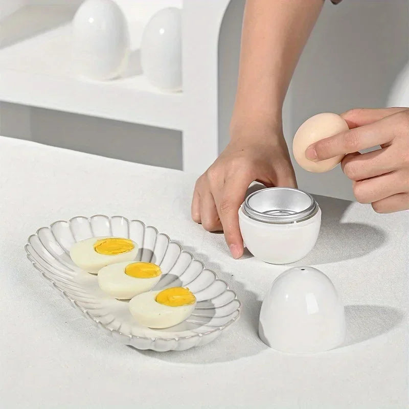 Person using a white egg peeler to remove the shell from an egg, with peeled eggs on a plate in the foreground.
