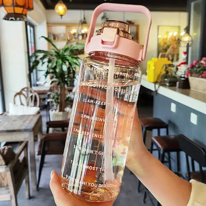 2L Water Bottle with Straw Time Marker Large Sports Fitness Cup
