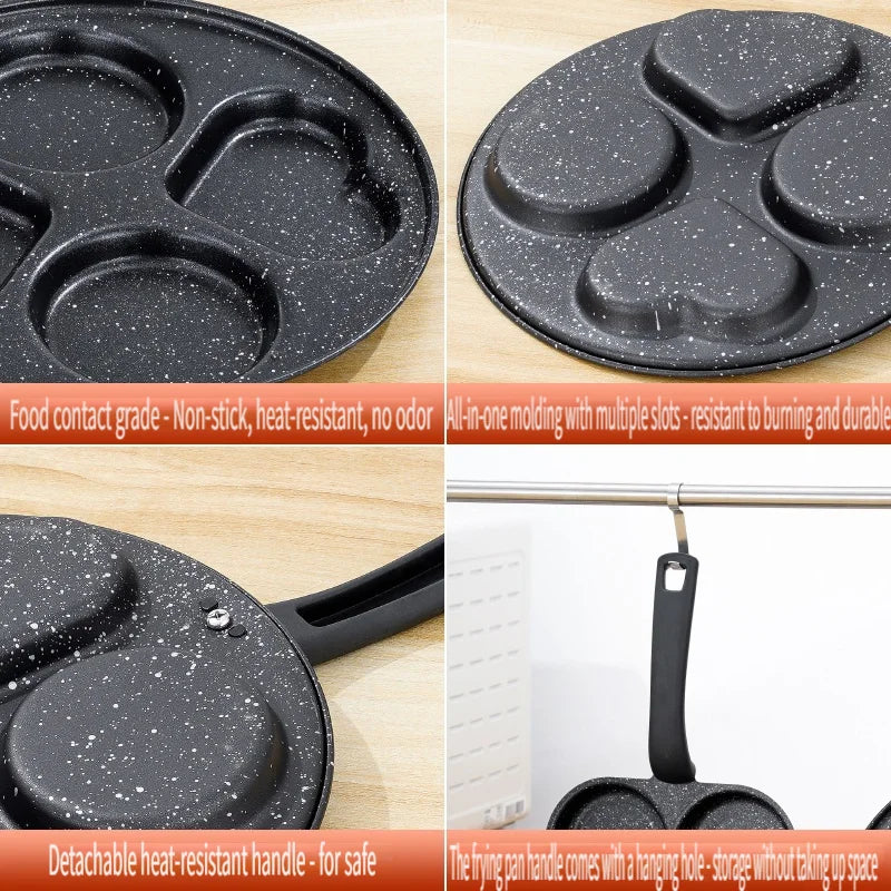 Black speckled waffle pan with multiple slots on a wooden surface, shown from different angles.