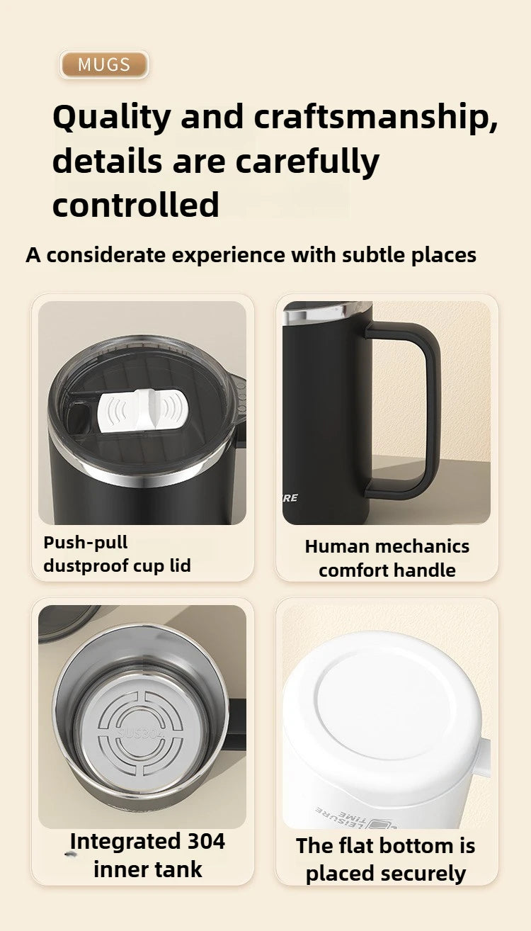 Product features of a mug with push-pull dustproof lid, human mechanics handle, 304 inner tank, and flat bottom.