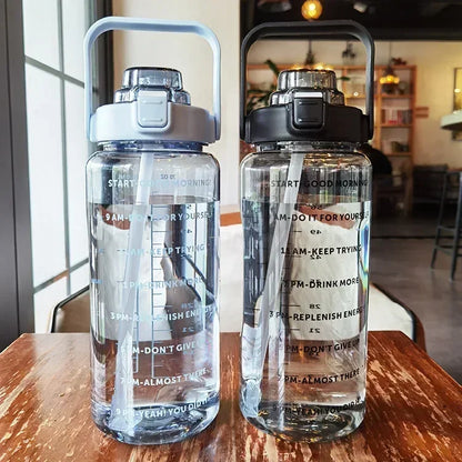 2L Water Bottle with Straw Time Marker Large Sports Fitness Cup