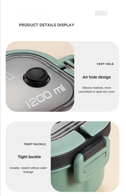 1200ML 2 Layer Bento Lunch Box With Spoon Fork, Kid High Capacity Microwae Food Containers Portable Leakproof Office Camping