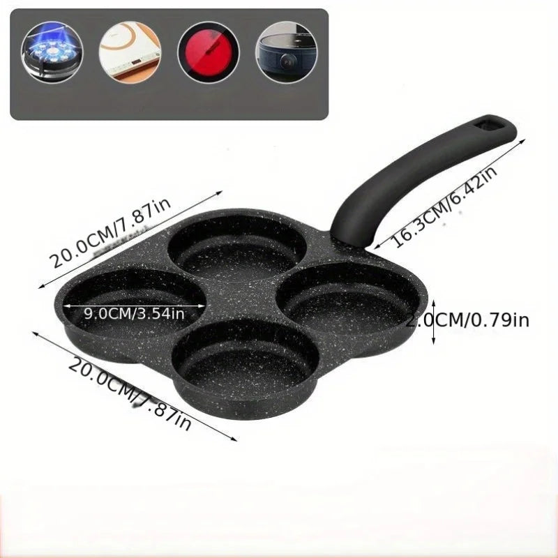 Black frying pan with measurement details on a white background