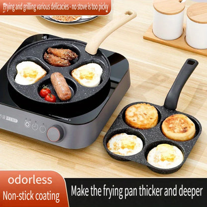 Multifunctional frying pan with food on a wooden surface