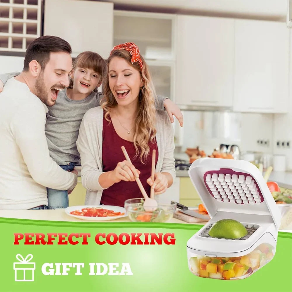 Family in a kitchen with a kitchen gadget, text 'Perfect Cooking Gift Idea'.