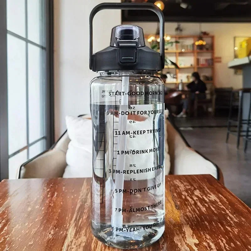 2L Water Bottle with Straw Time Marker Large Sports Fitness Cup