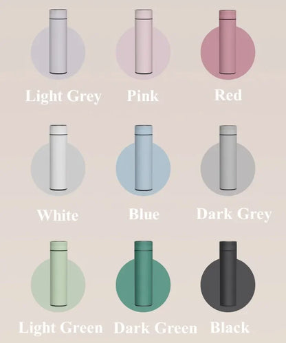 Color swatches of a water bottle in various colors on a beige background