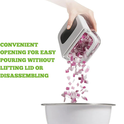 Hand using a manual onion chopper to chop onions and pour them into a bowl with text highlighting convenience.