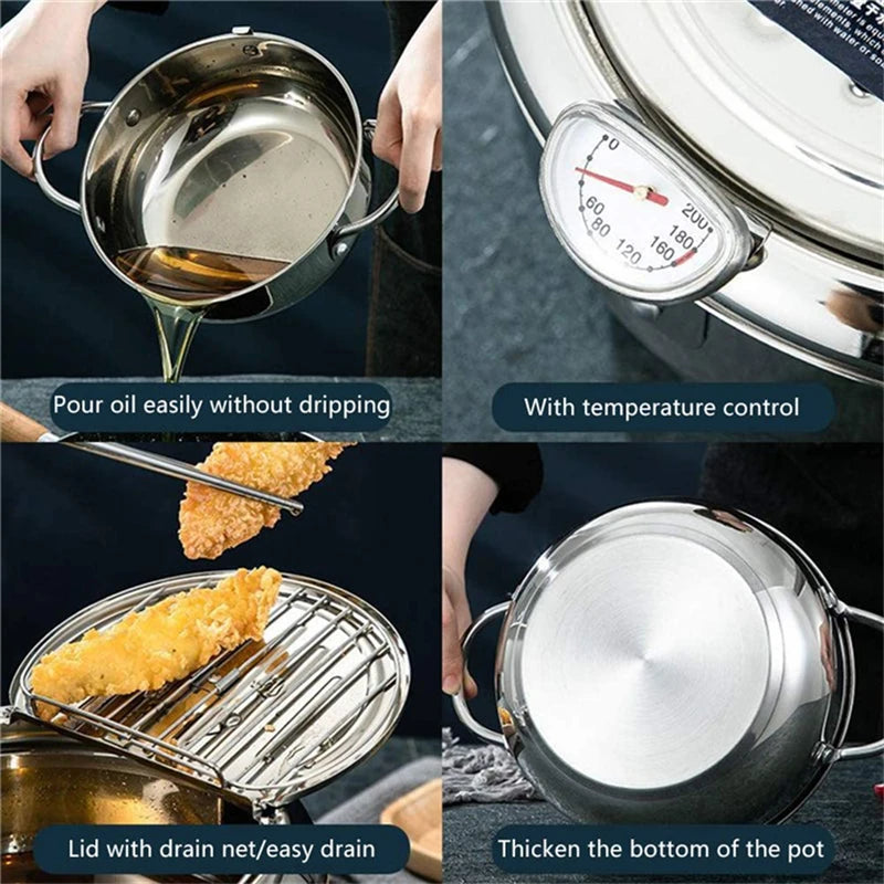 Japanese Deep Frying Pot with Thermometer Stainless Steel Fryer