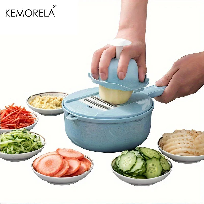 Komorela vegetable chopper with sliced vegetables on a white background