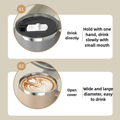 Instructions for using a coffee cup with a lid on a beige background