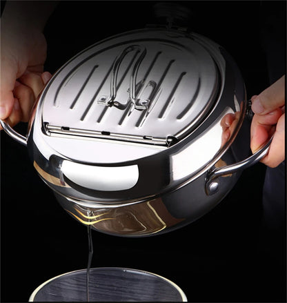 Japanese Deep Frying Pot with Thermometer Stainless Steel Fryer