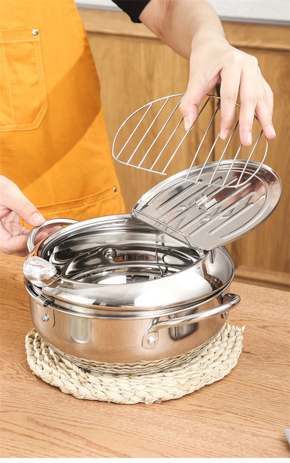 Japanese Deep Frying Pot with Thermometer Stainless Steel Fryer