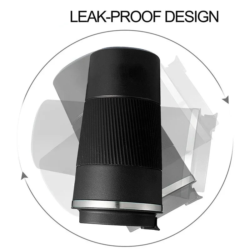 Black cylindrical object with 'LEAK-PROOF DESIGN' text on a white background