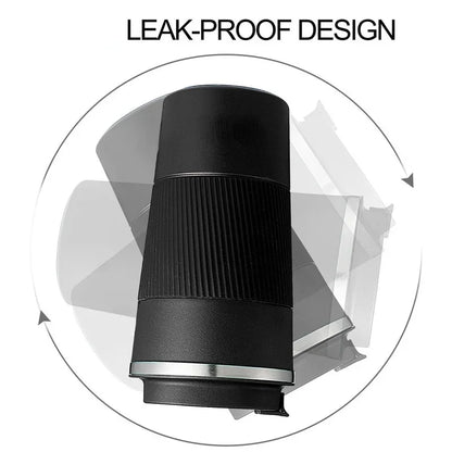 Black cylindrical object with 'LEAK-PROOF DESIGN' text on a white background