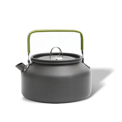 Black camping kettle with a green handle on a white background