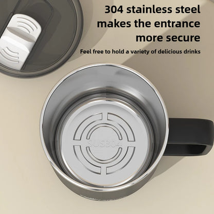 Stainless steel mug with black handle on a beige background, featuring text about material and use.