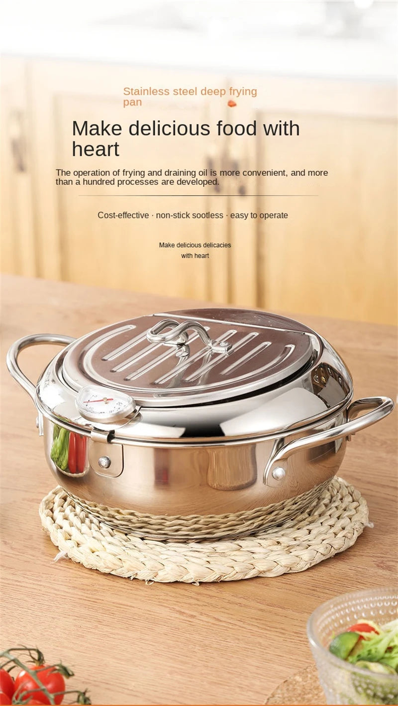 Japanese Deep Frying Pot with Thermometer Stainless Steel Fryer