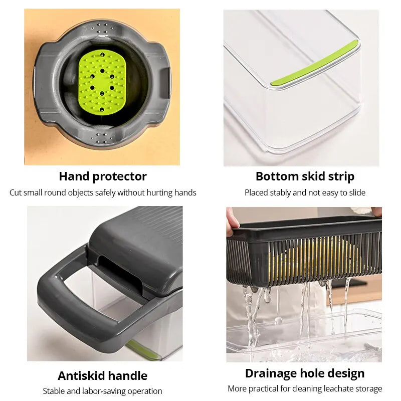 Product features including a hand protector, bottom skid strip, antiskid handle, and drainage hole design.