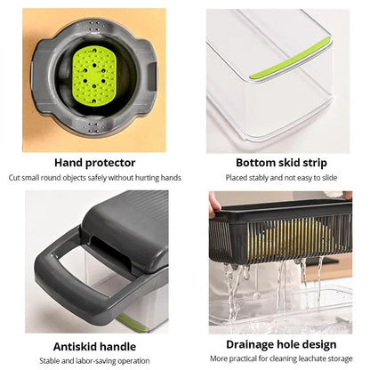 Product features including a hand protector, bottom skid strip, antiskid handle, and drainage hole design.